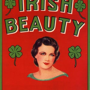 Original vintage vegetable crate label 1950s Irish Beauty  Philadelphia 4 leaf clover