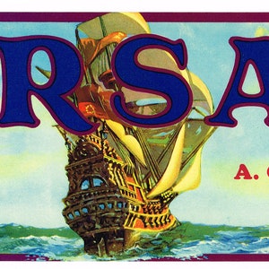 Original vintage grape crate label 1950s Corsair Galleon Spanish Main Pirates Sailing Nautical California