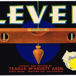 Original Lemon Crate label Ventura County California 1930s vintage Level Masonic Santa Paula Carpenter