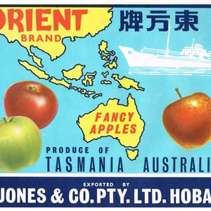 Original Vintage Apfelkiste Label 1950er Jahre Orient Marke Tasmania & Australien Export Hobart Shipping Freighter Ship