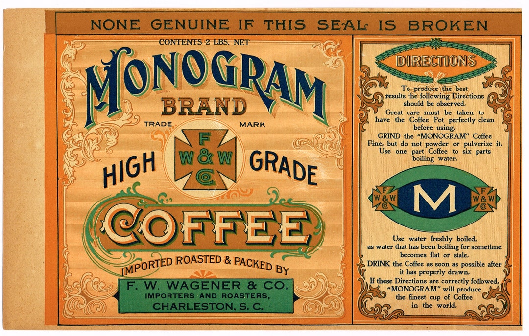 新品 VINTAGE WORKS BASIC LABEL Original Vintage Tin Can Label 1920s Monogram Coffee Charleston