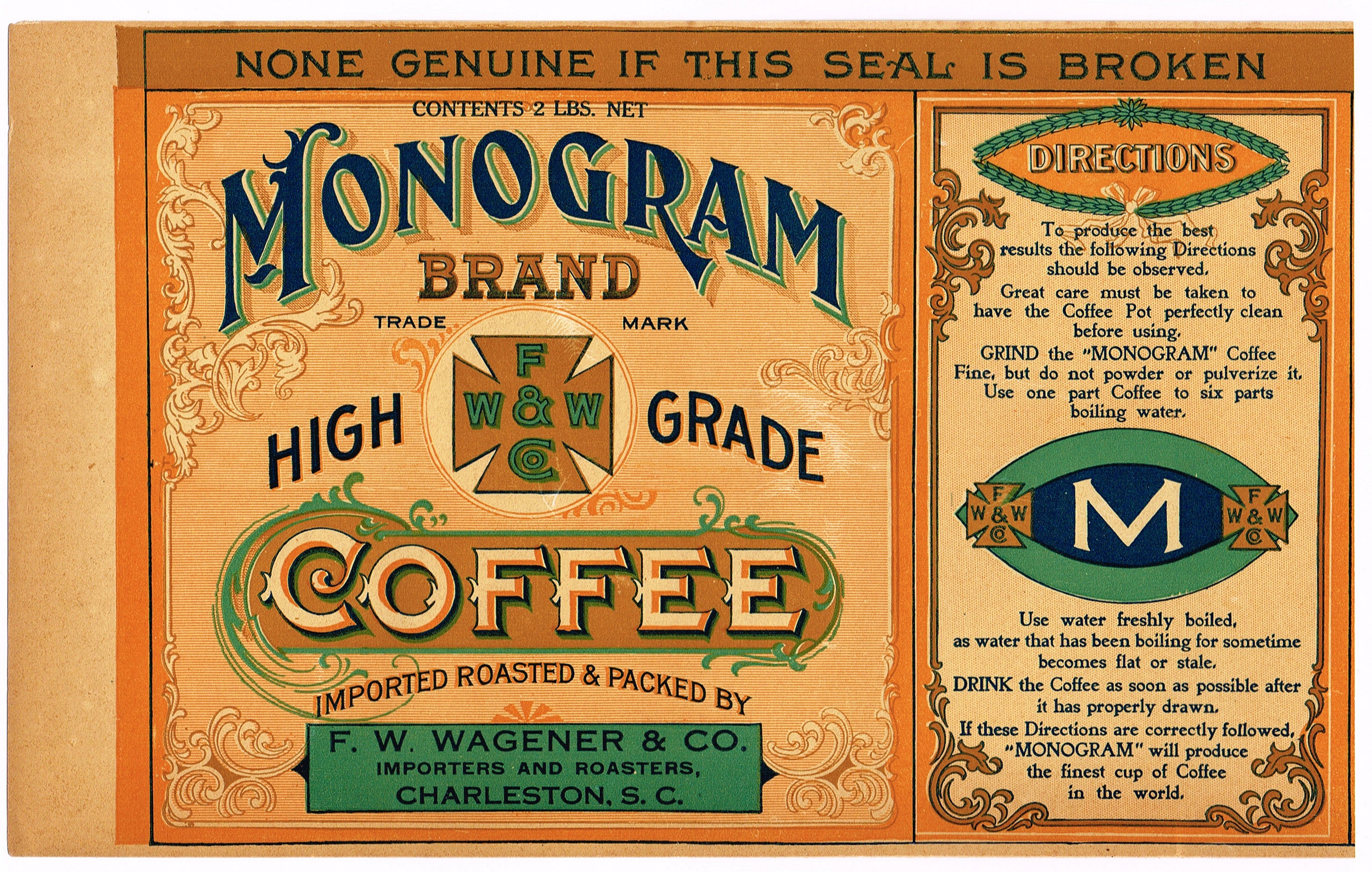 Original Vintage Tin Can Label 1920s Monogram Coffee Charleston South
