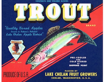 Original vintage apple crate label 1940s Trout Fly Fishing Chelan Washington State Red Band Stripe