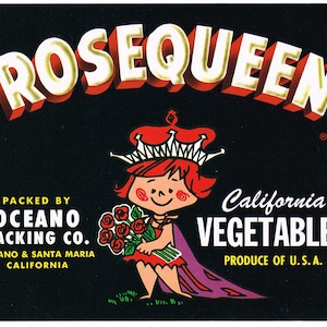 Etiqueta original de la caja de verduras vintage de los años 50 Rosequeen Santa Maria Oceano California Cartoon Girl 6x5"