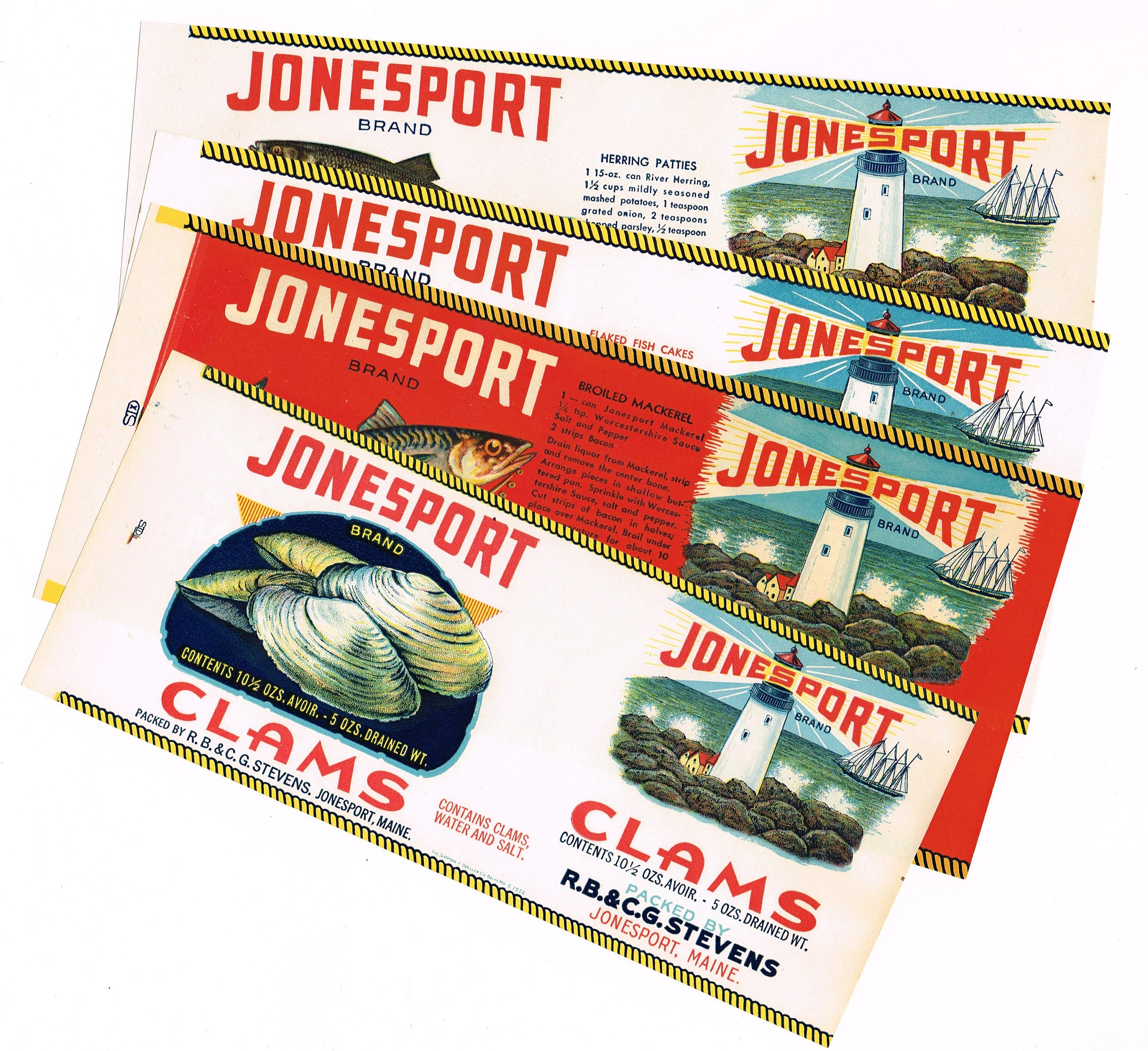 4 Different Original Vintage Tin Can Labels 1930s Jonesport Maine