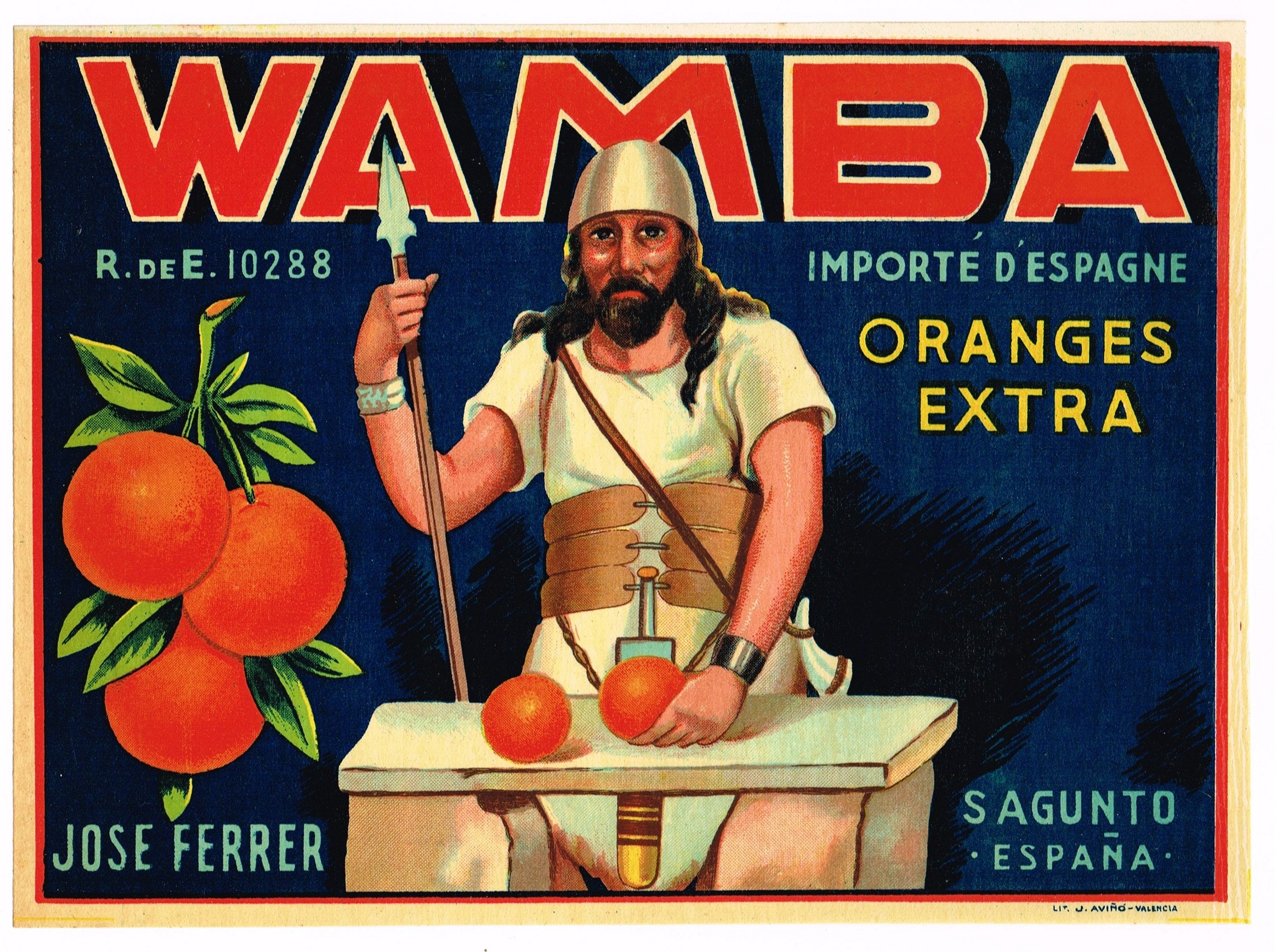 Original vintage Spanish citrus crate label 1950s Spain Wamba Soldier Warrior Sword Spear Sagunto Espagne
