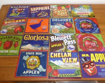 Lote al por mayor de 15 etiquetas originales para cajas de manzanas, publicidad vintage de los años 30, 40 y 50, excelente estado, estado de Washington.