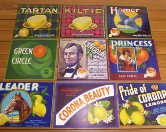 Lote de 9 etiquetas originales de cajas de cítricos, publicidad vintage de los años 30, 40 y 50, excelente estado, Condado de Riverside, Corona.