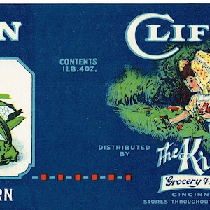 Original vintage Tin Can label 1920s Clifton Cincinnati Ohio Sweet Corn Kroger Grocery Little Girl General Store