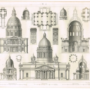 Original antique steel plate engraving print 1851 J.G. Heck Architecture Italian Churches European 16th & 17th Centuries Paris St Petersburg