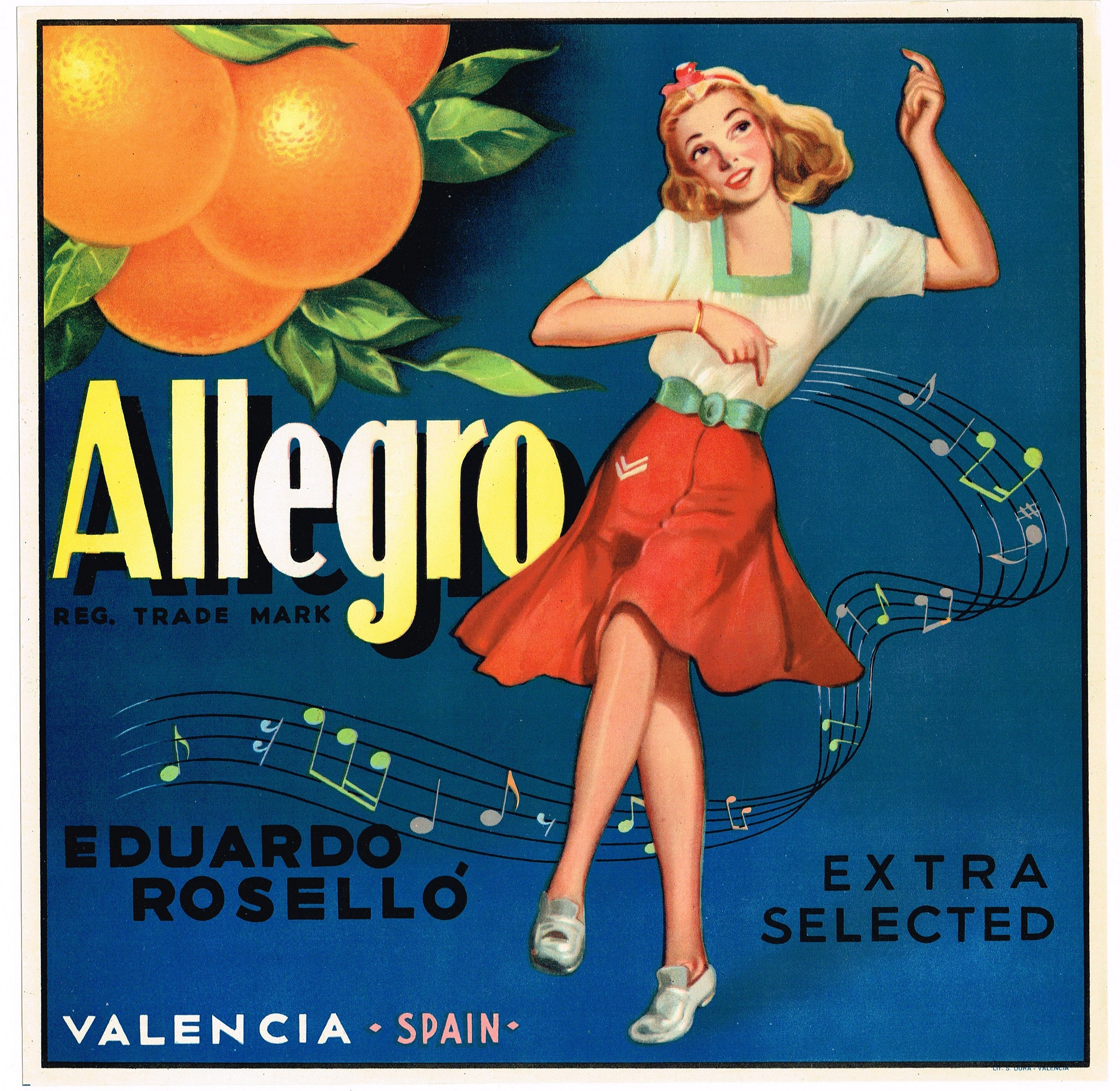 Original Vintage Spanish Citrus Crate Label C1960 Pin up Spain