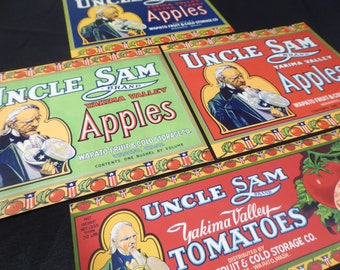 4 Different Original vintage apple crate labels 1930s Uncle Sam Patriotic Wapato Washington State Blue Green Red W Tomato