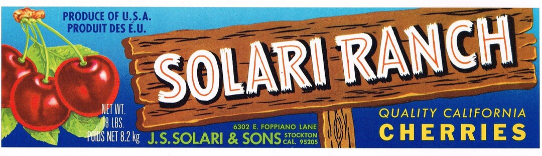 Original Vintage Cherry Crate Label 1970s Solari Ranch Typography San ...