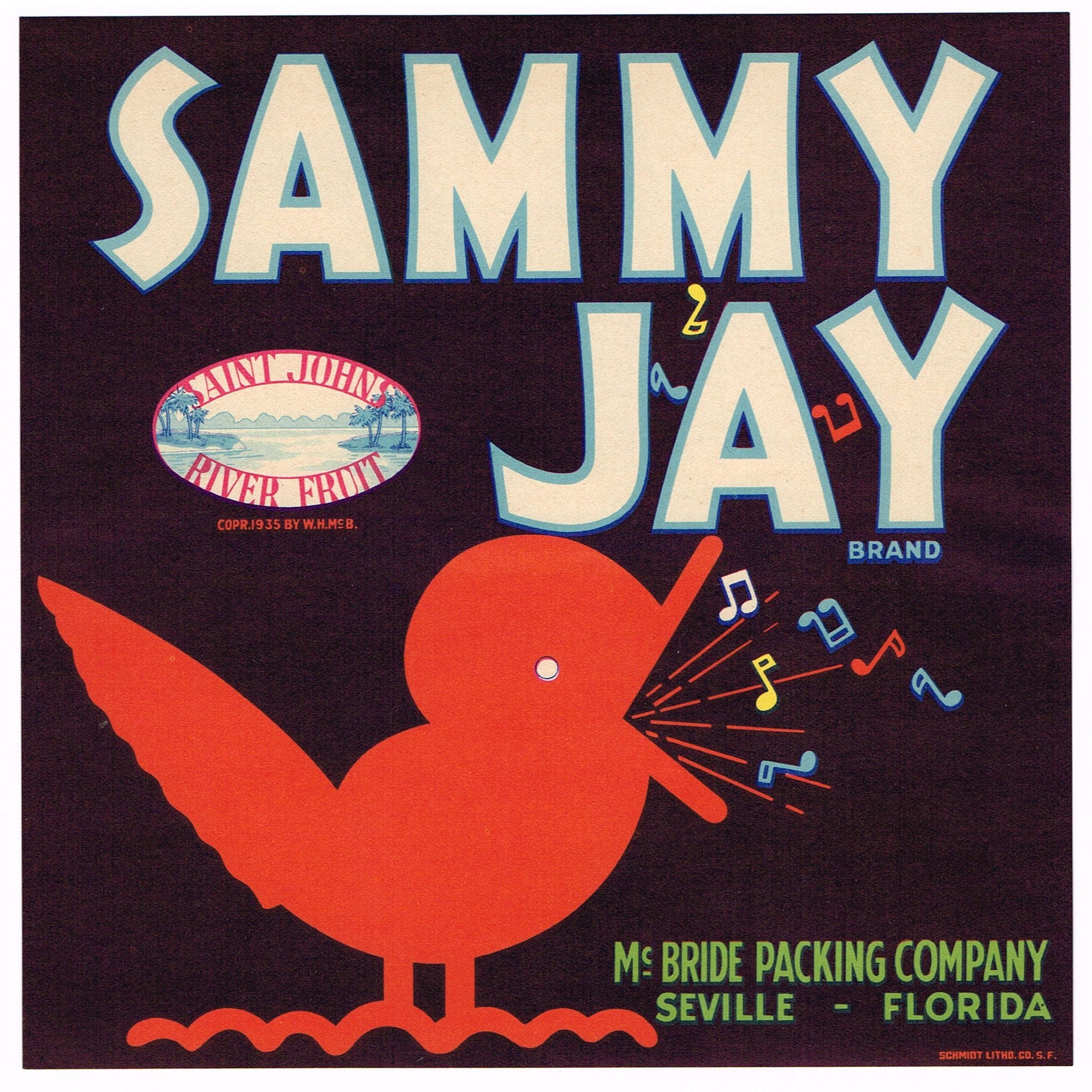 CRATE LABEL VINTAGE FLORIDA MUSICAL SONG BIRD SAMMY JAY ORIGINAL C1930 NOTES
