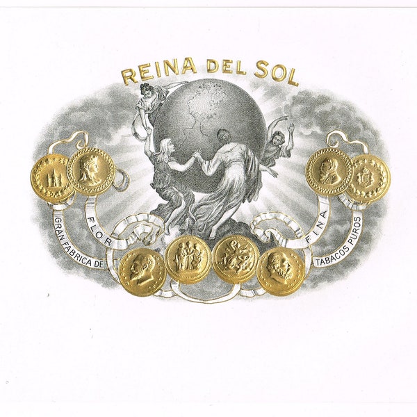 Original vintage cigar box label c1920s Reina Del Sol Embossed & Bronzed Gold Coins Globe Angels