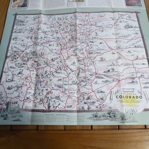 Original seltene antike Vintage 1942 Bunte Colorado Bildliche Karte Illustrierte Denver Aspen Vail Telluride Fort Collins Golden