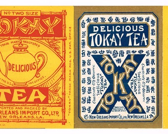 Original vintage Tin Can label c1920s Tokay Tea New Orleans Louisiana Java Chinese Characters India Java Ceylon Pot