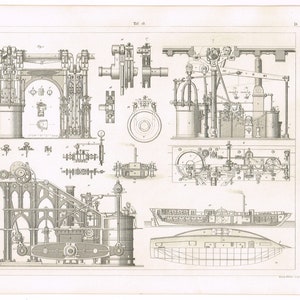 Original antique steel plate engraving print 1851 Nautical Marine Naval Sailing Ships Illustrating Construction of Steamships Schematic