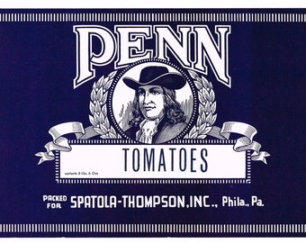 Originele vintage kan krat label William Penn Philadelphia Pennsylvania 1940s kast