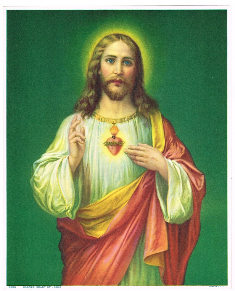 May include: A painting of Jesus Christ with a crown of thorns and a bleeding heart. The image is set against a green background.