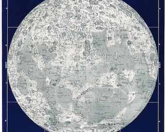 Antique Astronomy 1890 original print star chart map classic Indigo Chart Of The Moon Classic