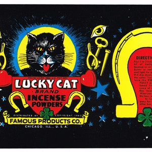 Original vintage advertising label 1942 Lucky Cat Incense Powder Chicago Illinois Magic Horseshoe Black Cat Mysticism Way Out!