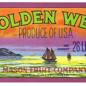 Original vintage grape crate label 1930s California Vintner Golden West Golden Gate of San Francisco Lodi Sailing Ships Rare