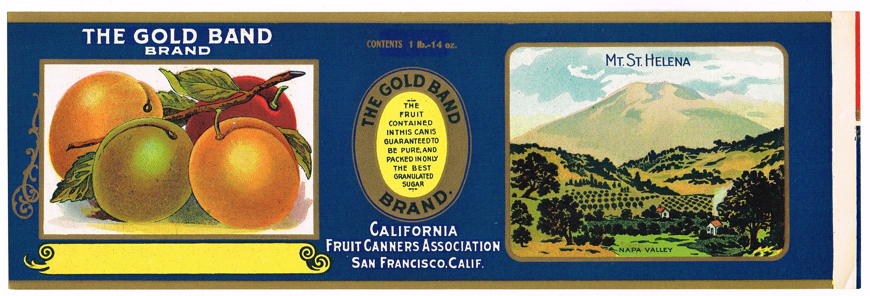 Original Antique vintage Tin Can label 1920s San Francisco Napa Valley Mt  St. Helena The Gold Band Yellow Plum Peach Apricot Fruit