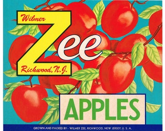 Original vintage apple crate label 1950s Wilmer Zee Richwood New Jersey Typography