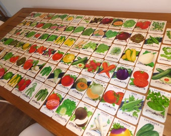 Peut inclure: Une collection de sachets de graines vintage représentant divers légumes, notamment des tomates, des concombres, des carottes, de la laitue et des courges. Les sachets sont disposés en rangées sur une table en bois. Chaque sachet présente une illustration colorée du légume et le nom de la variété.