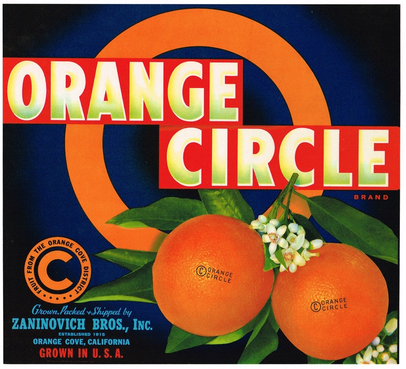 Original vintage orange citrus crate label 1940s Orange Circle Graphic Design Orange Cove California image 1