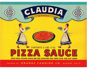 Original vintage crate label 1930s City of Orange Orange County Claudia Pizza Sauce Case Italian Culinary Kitchen Cooking