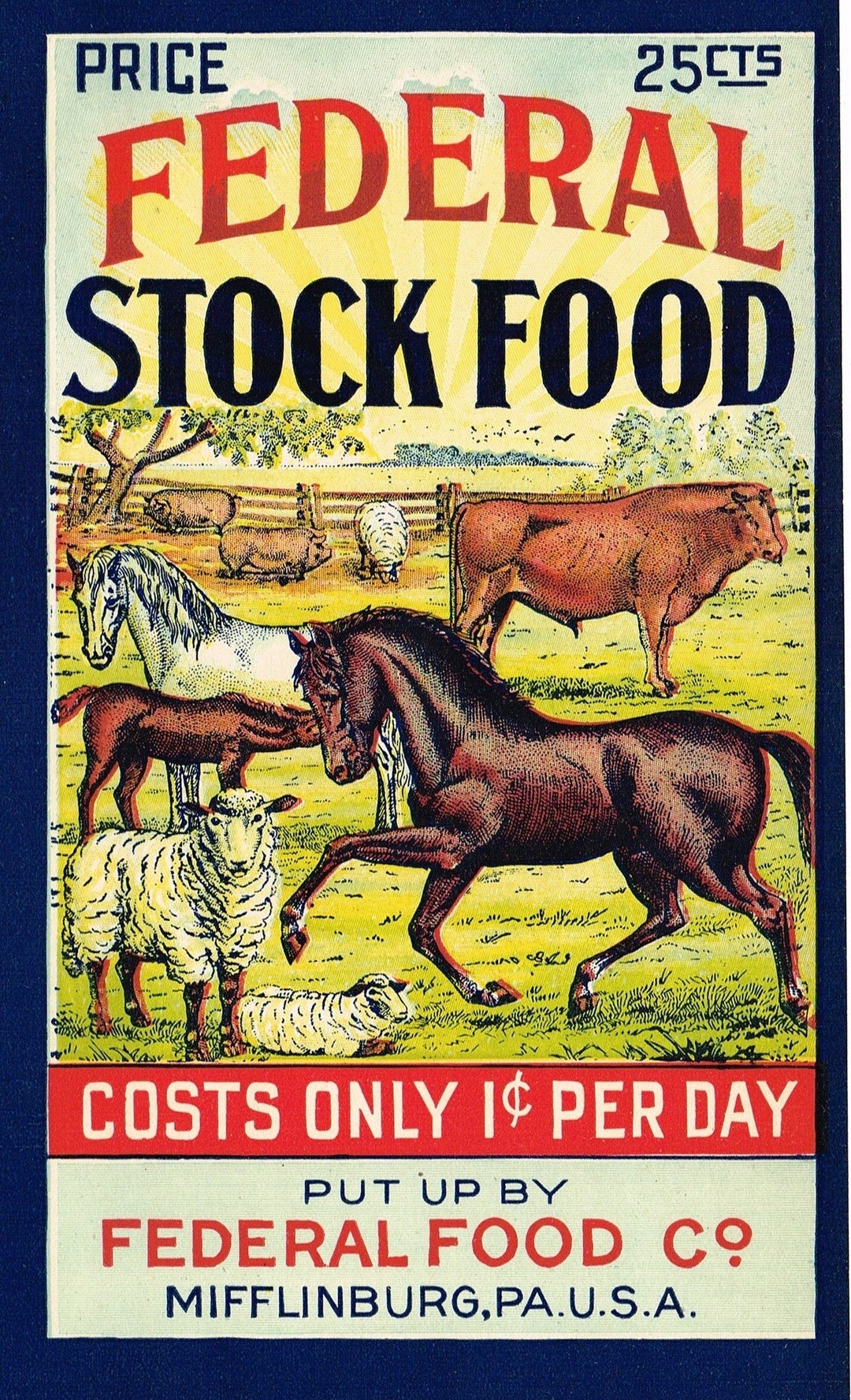 Original Vintage Livestock Federal Feed Box Label C1920 Horse Pig Bull