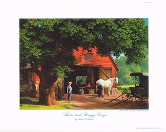 Original genuine vintage print c1940s Lithograph Paul Detlefsen Horse & Buggy Days Blacksmith 6.25x8" Brown and Bigelow