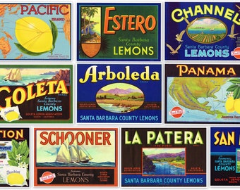 10 different original vintage Lemon crate labels 1930s-1940s Santa Barbara Goleta California Lot