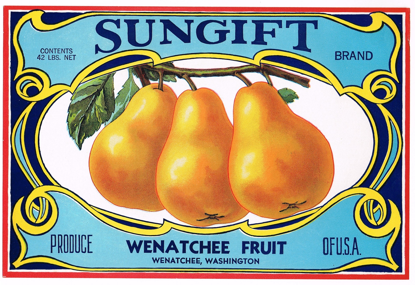 Original Vintage Pear Crate Label 1930s Sungift Brand Wenatchee ...