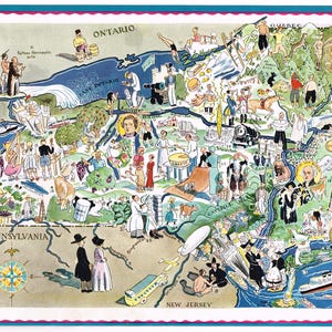 Seltene Vintage Berta & ElmerHader Karte Cartoon 1932 New York State Manhattan Albany Long Island Catsrills