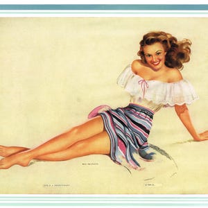 May include: Vintage illustration of a woman in a white off-the-shoulder top with a pink bow and a striped skirt. The woman is reclining on a light yellow background. The image has a retro aesthetic, reminiscent of mid-20th-century pin-up art.