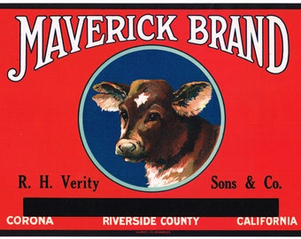 Original vintage lemon crate label 1930s Maverick Farm Cow Livestock Corona Riverside County California