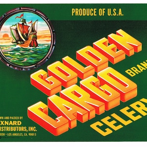 Original vintage vegetable crate label 1960s Golden Cargo Celery Oxnard Ventura County California Galleon Nautical 5x7&quot;