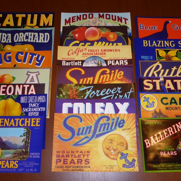 20 different original Fruit Box Pear Crate Labels starter collection vintage advertising 1930s 1940s & 1950s 60s excellent condition