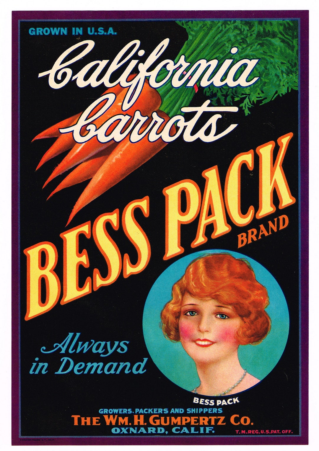 Original Vintage Vegetable Crate Label 1930s 7x9 Bess Pack Flapper Girl