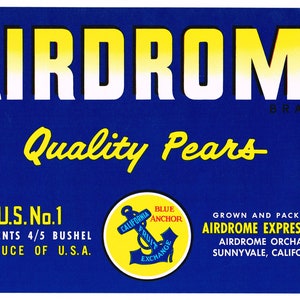 Original vintage pear crate label 1950s Airdrome Blue Sunnyvale California Rare