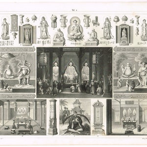 Original antike Stahlplatte Gravur Druck 1851 Spiritualität Religion Gottheiten Figuren Fernost buddhistischen Hindu