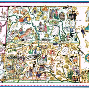 Seltene Vintage Berta & ElmerHader Landkarte Cartoon bildhaft 1932 North Dakota South Dakota Bunt