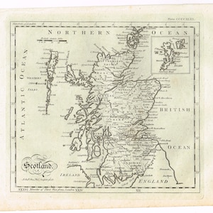 May include: Antique map of Scotland, featuring detailed geographical information. The map is in black and white, with text labeling various regions, oceans, and islands. The map includes a scale and is framed within a decorative border.