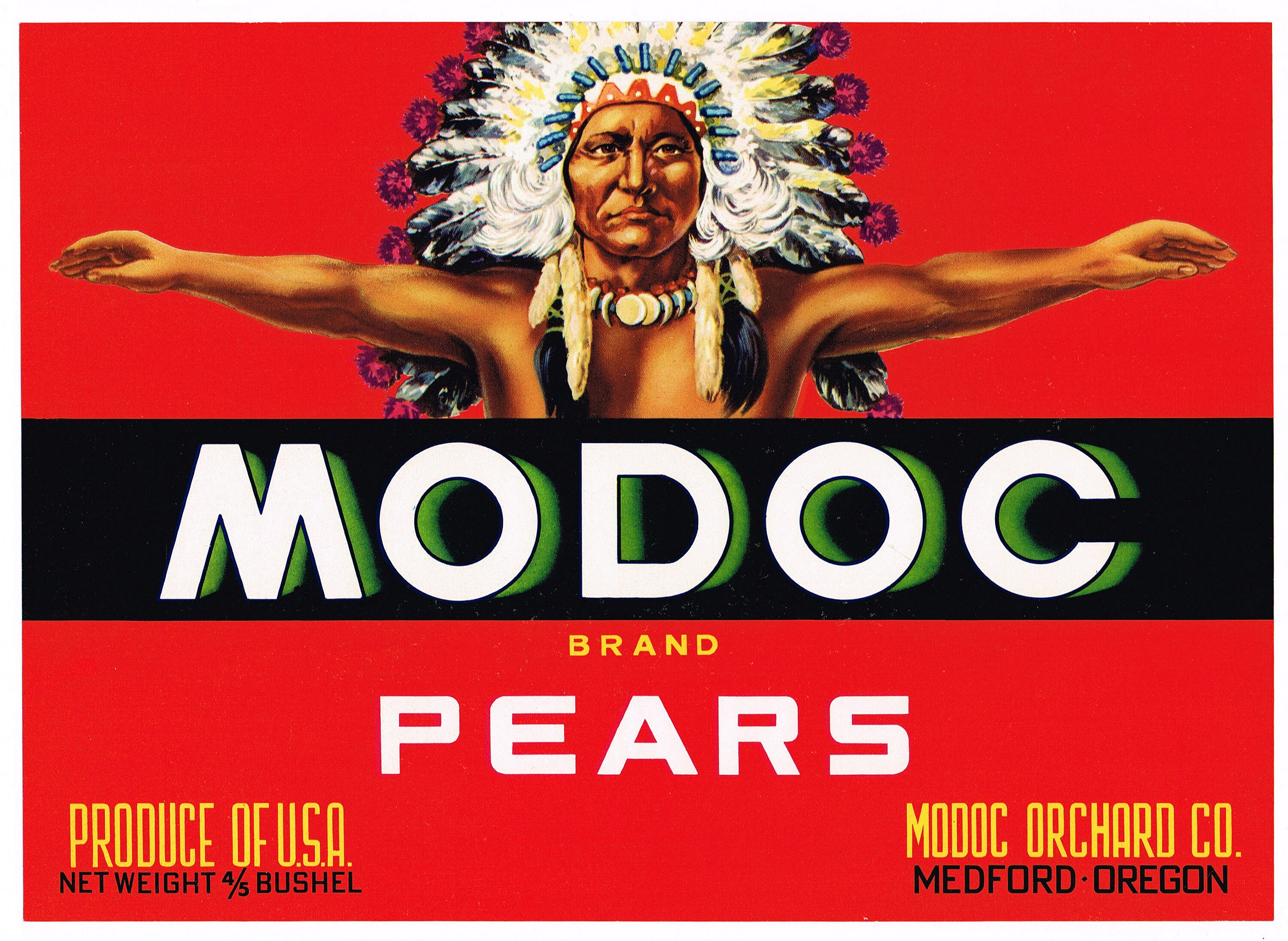 Original vintage pear crate label 1960s Modoc Medford Oregon Red Native American Indian