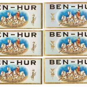 6 originele vintage sigaren doos labels c1920 Chromolithograph reliëf bronzen Ben Hur klassieke Romeinse Graphic Design scrapbooking