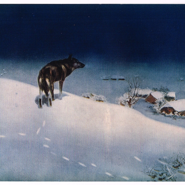 Original vintage print 1930s Victor Kowalski Lithographed The Lone Wolf Winter Landscape 9x7"