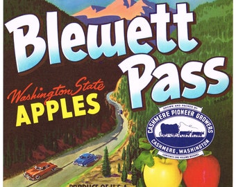 Original vintage apple crate label 1950s Blewett Pass Cashmere Washington State Old Cars Automobiles